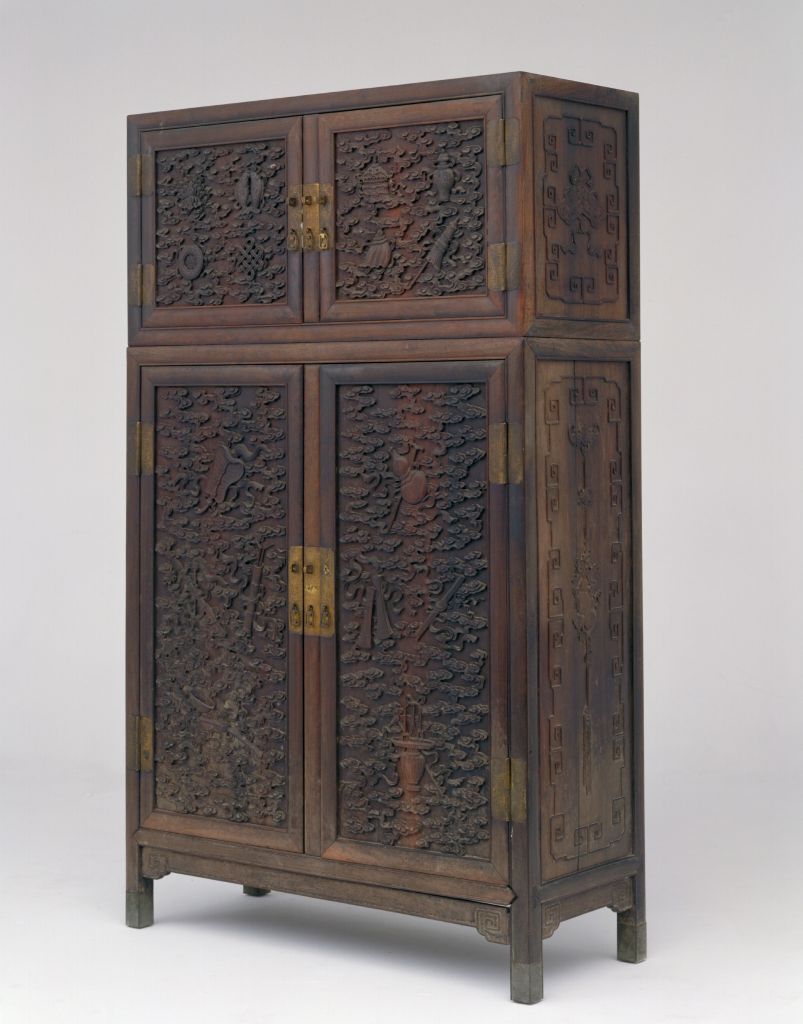 图片[1]-Red sandalwood carving, eight immortals and eight treasures, top box and cabinet-China Archive